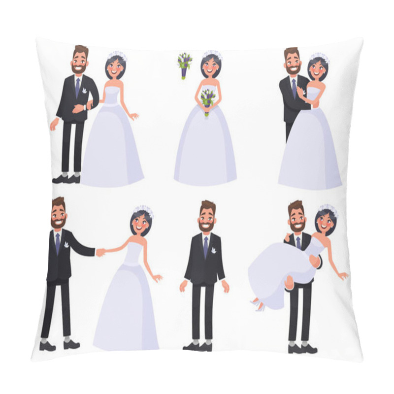 Personality  Set Of Characters Bride And Groom. Newlyweds Dancing, Holding Ha Pillow Covers