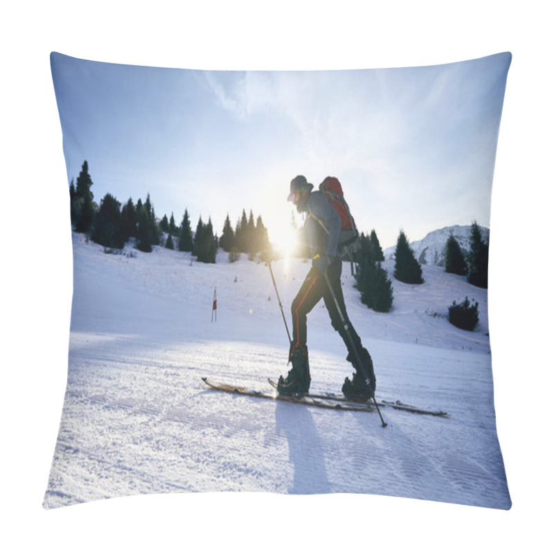 Personality  Skier Man Ski Touring Uphill With Beard And Backpack At High Snowy Mountain Ski Resort Shymbulak. Sport Outdoor Backcountry Winter Season. Pillow Covers