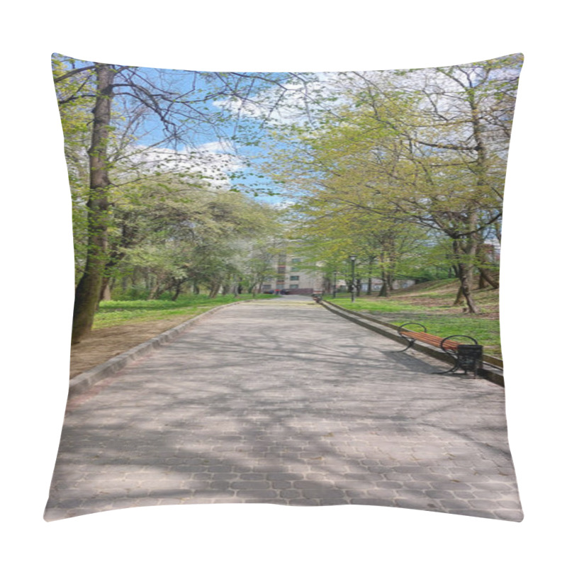 Personality  Paved Park Path With Benches And Lush Spring Trees Pillow Covers