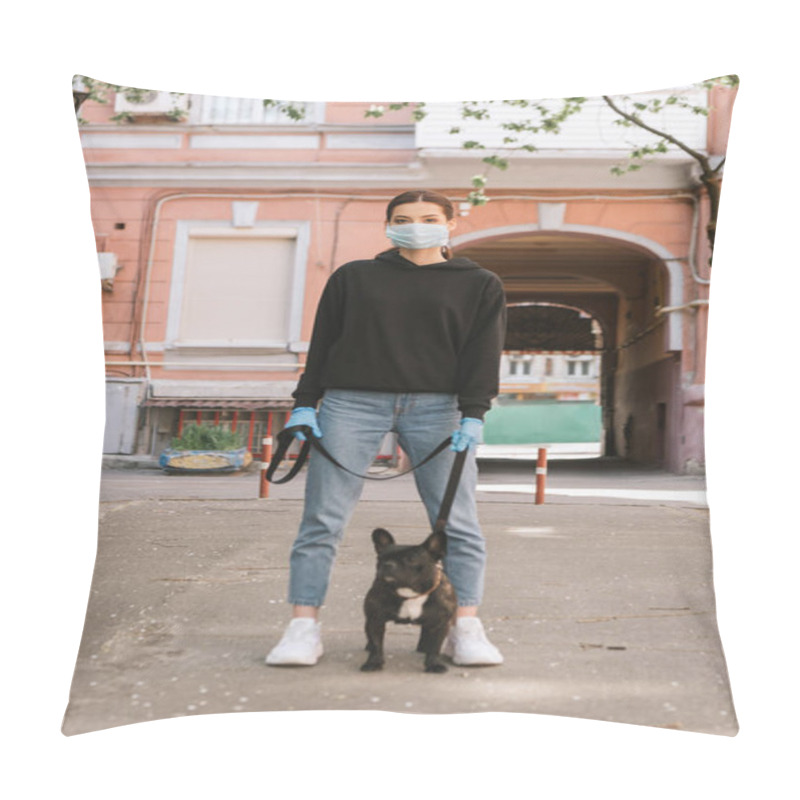 Personality  Young Woman In Medical Mask And Latex Gloves Standing With Cute French Bulldog On Street  Pillow Covers