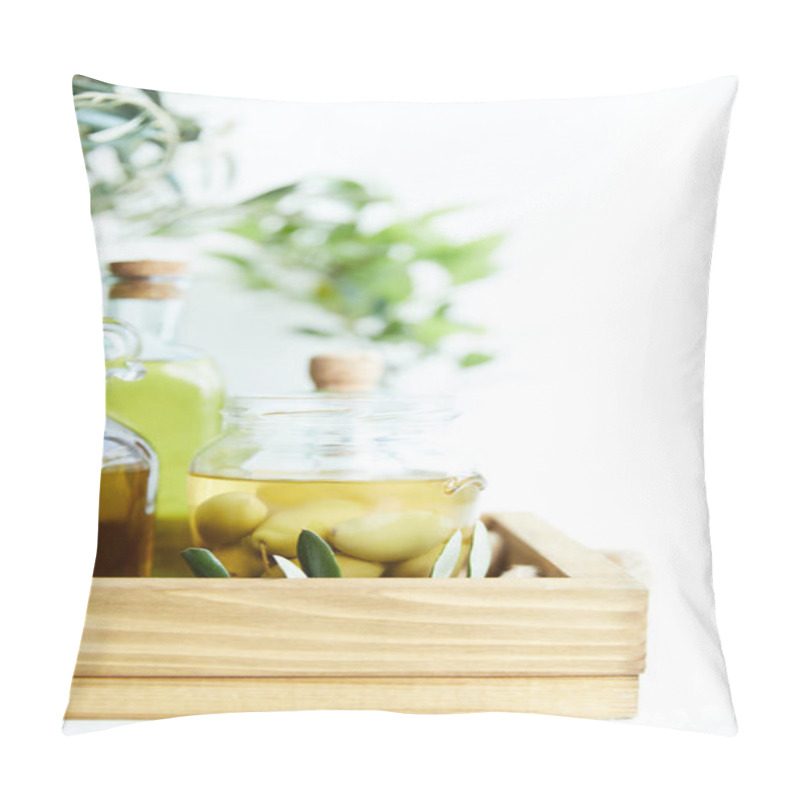 Personality  Close Up View Of Jar With Green Olives, Bottles Of Aromatic Olive Oil With And Branches On Wooden Tray Pillow Covers