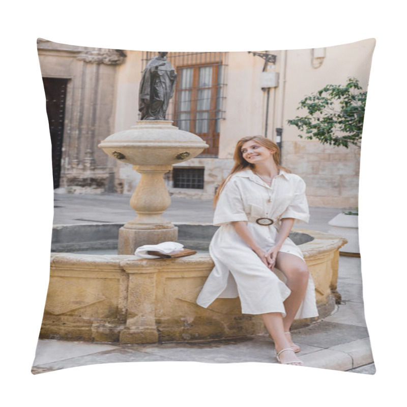 Personality  Pleased And Redhead Woman In White Dress Sitting Near Fountain On Street Of Valencia Pillow Covers