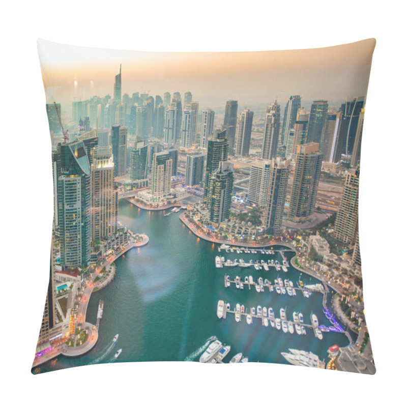 Personality  Dubai Marina Creek And Skyscrapers At Sunset Pillow Covers