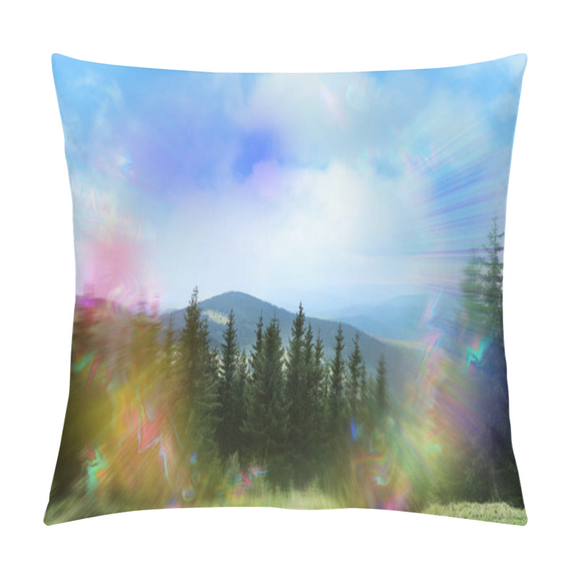 Personality  View Of Mountain Forest And Flashing Lights Effect. Migraine Aura, Symptom Of Disease Pillow Covers