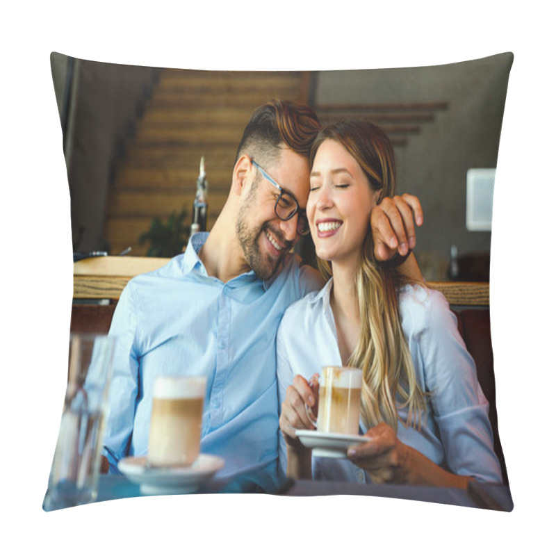 Personality  Romantic Loving Young Couple Drinking Coffee, Having A Date In The Cafe. Pillow Covers