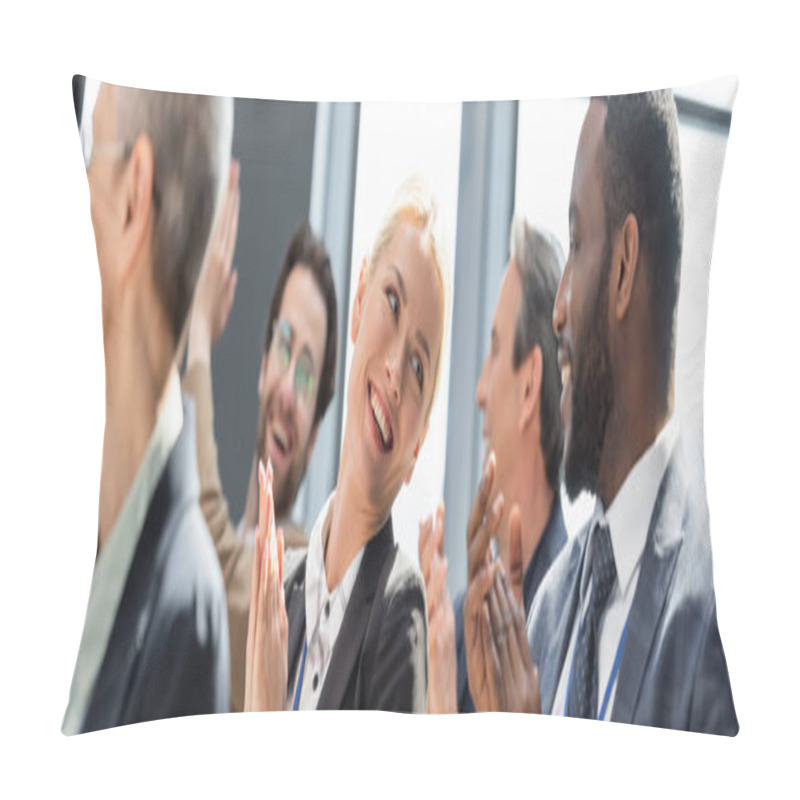 Personality  Selective Focus Of Young Businesswoman Applauding Together With Interracial Colleagues During Seminar, Banner Pillow Covers