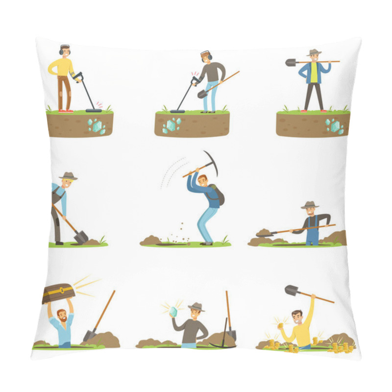 Personality  Treasure Hunter, Archaeologist, Downshifter. People In Search Of Treasure. Cartoon Detailed Illustrations Pillow Covers