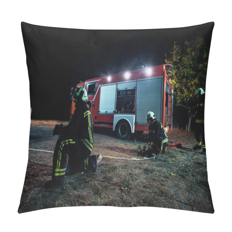 Personality  Firemen Outfitted With Gear During A Firefighting Operation Pillow Covers