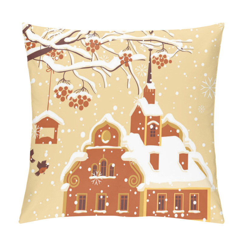 Personality  Cartoon Winter Landscape With A Brown House In The Snow, Snow-covered Branches And Red Clusters Of Rowan, Bullfinches And A Bird Feeder. Vector Illustration, Greeting Card Or Banner In Flat Style Pillow Covers