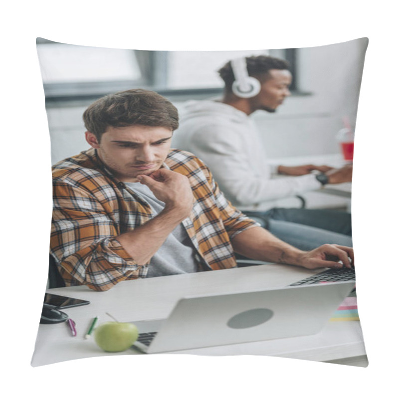 Personality  Selective Focus Of Thoughtful Programmer Working Near African American Colleague In Office Pillow Covers