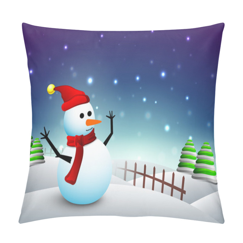 Personality  Happy Snowman In Santa Hat And Scarf On Winter Night, Merry Chri Pillow Covers