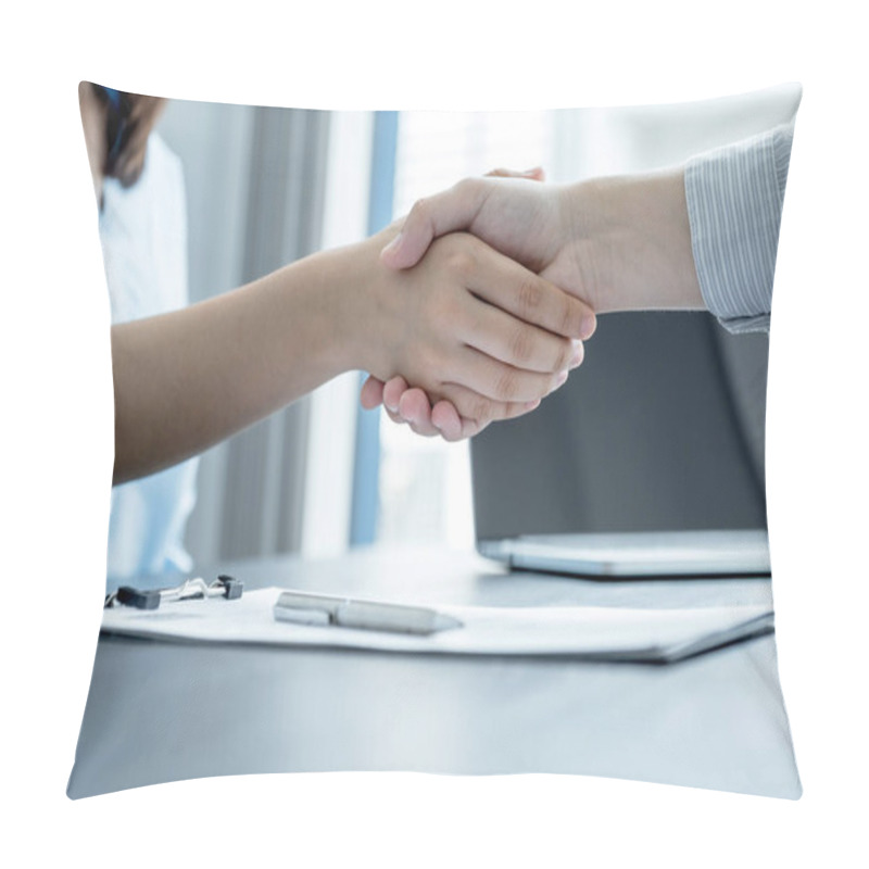 Personality  Hands Shake After Business Office Executives Are Interviewing Job Applicants In The Meeting Room. Pillow Covers