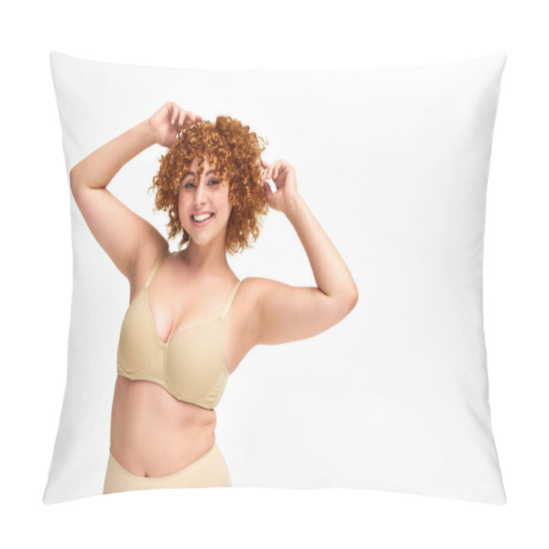 Personality  Carefree Redhead Woman With Beautiful Curvy Body Posing In Beige Lingerie On White, Self-confidence Pillow Covers