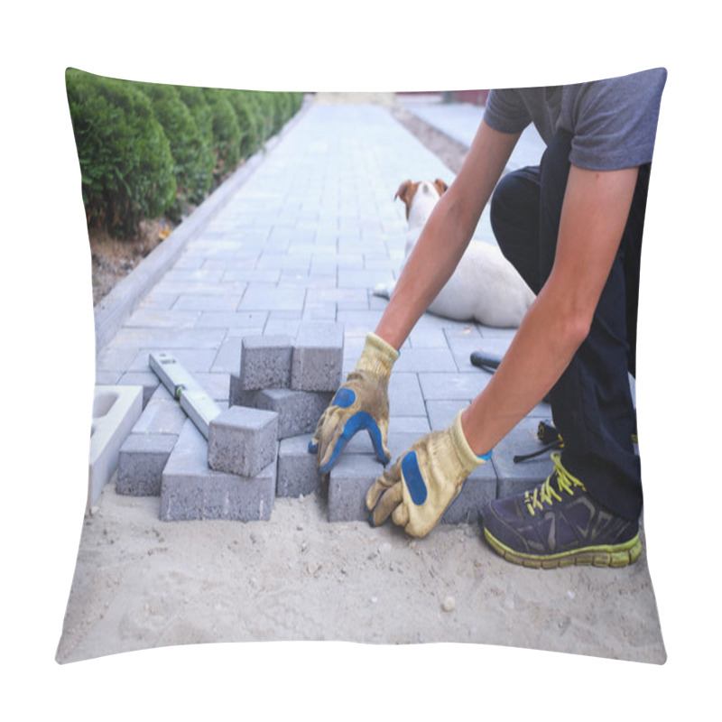 Personality  The Master In Yellow Gloves Lays Paving Stones Pillow Covers