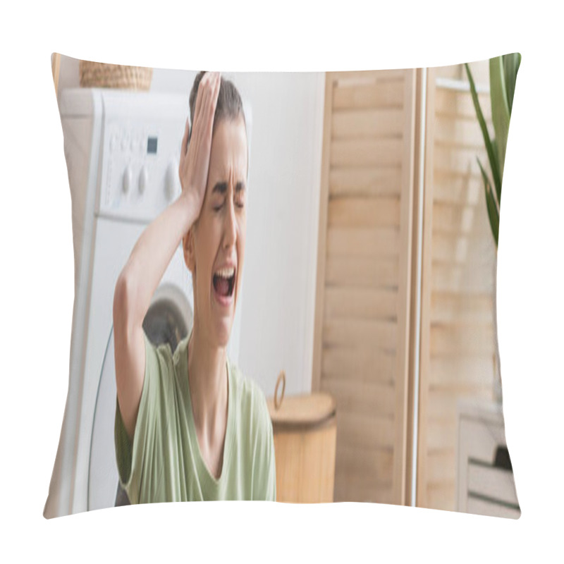 Personality  Sad Woman Touching Head And Crying In Laundry Room, Banner  Pillow Covers