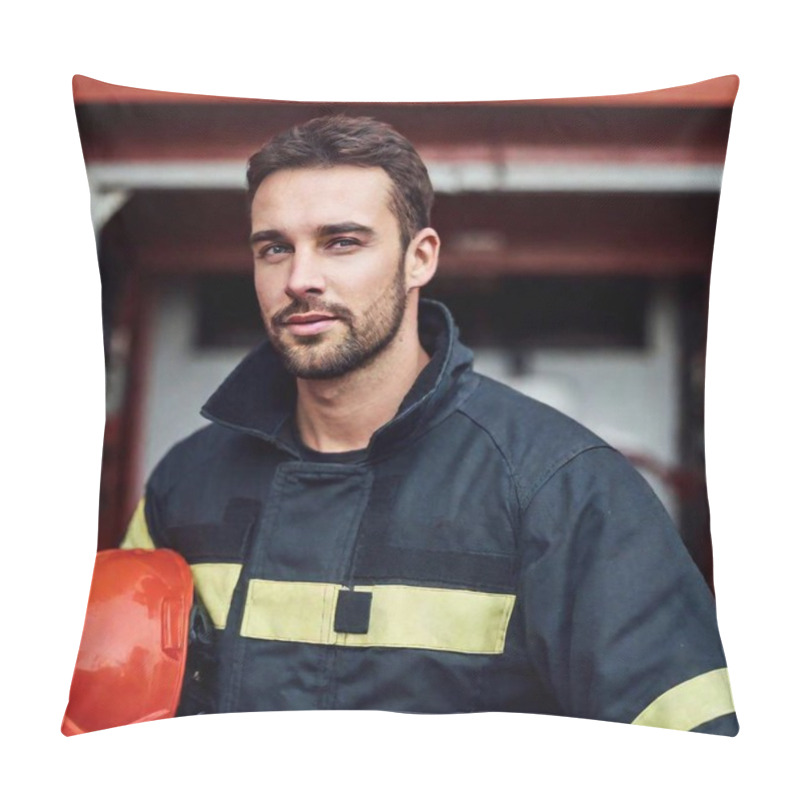 Personality  Portrait Of Young Man In Firefighter Uniform Standing At Industrial Factory Pillow Covers