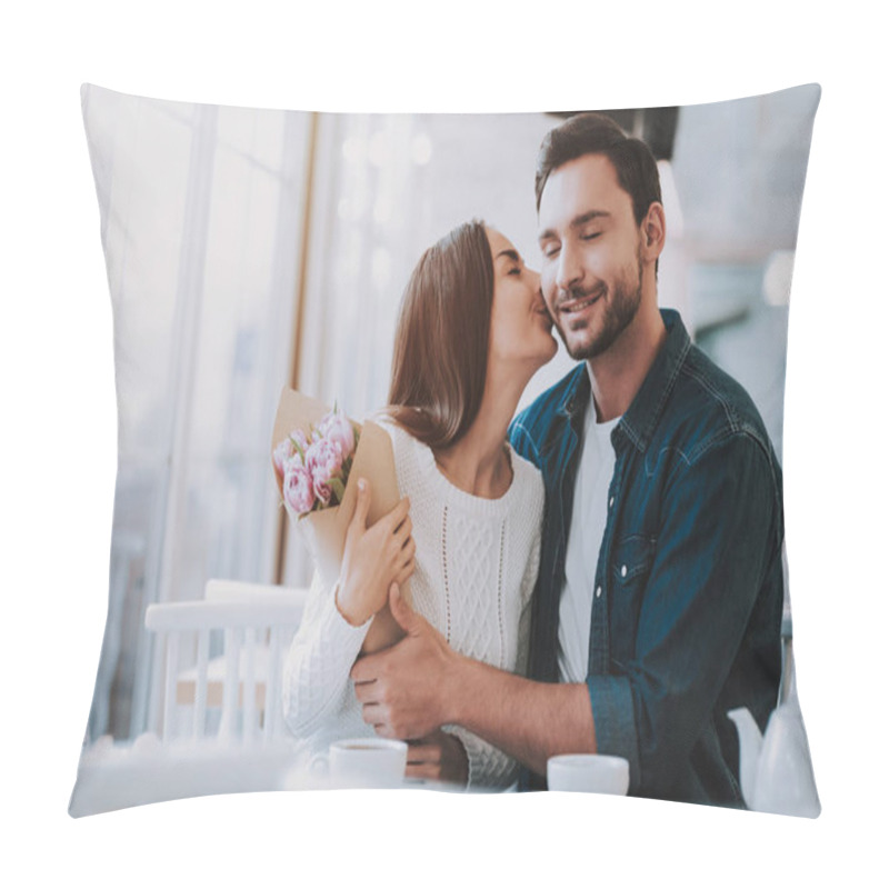 Personality  8 March Celebration. Gift.Happy People. Flowers Bunch. Boyfriend. Romantic Relationship. Sweet Relationship. Together In Cafe. Drink Tea. Eat Cakes. In Love. Cuple. Boy Gift Flowers. Valentines Day. Pillow Covers