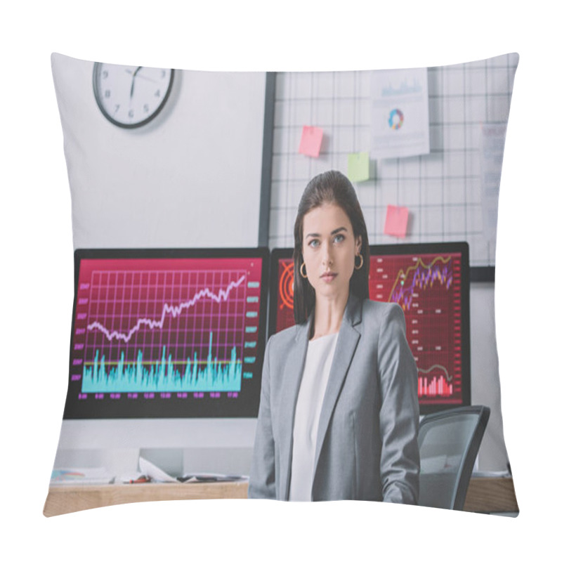 Personality  Beautiful Data Analyst Looking At Camera Near Charts On Computer Monitors In Office Pillow Covers