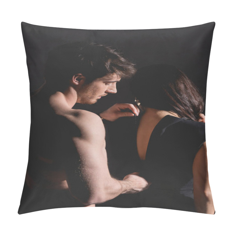 Personality  Shirtless Man Standing Back And Undressing Brunette Woman On Black Background  Pillow Covers