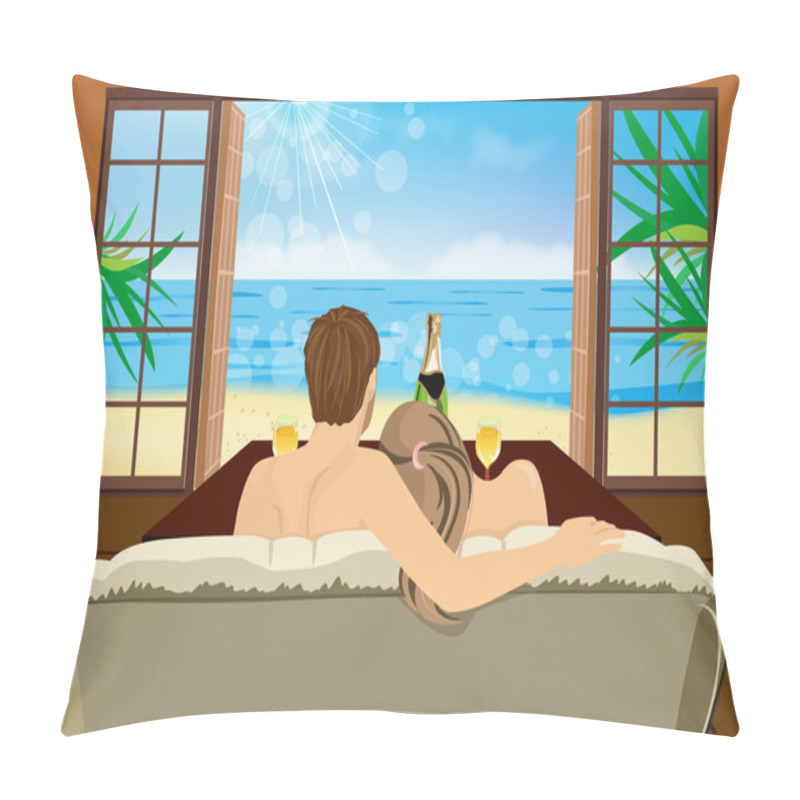 Personality  Young Couple Sitting On The Couch In A Hotel Room Pillow Covers