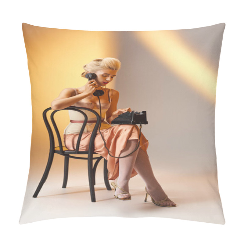 Personality  Charming Woman With Blonde Hair Calling On Retro Phone While Sitting On Chair In Gray Background Pillow Covers