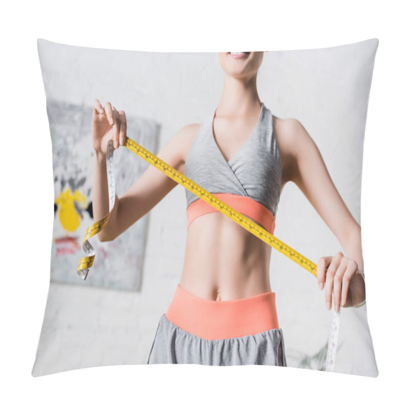 Personality  Cropped View Of Sportswoman With Measuring Tape At Home Pillow Covers