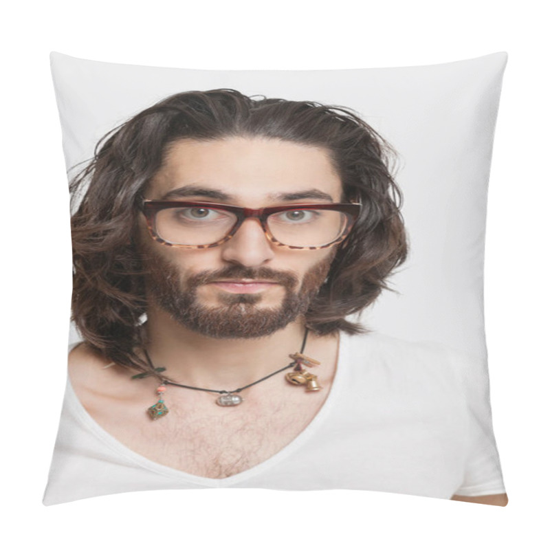 Personality  Portrait Of Young Man In White T-shirt Wearing Eyeglasses Against White Background Pillow Covers