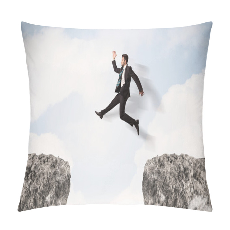 Personality  Funny Business Man Jumping Over Rocks With Gap Pillow Covers