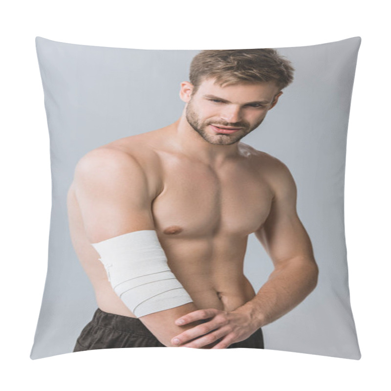 Personality  Shirtless Sportsman With Elastic Bandage On Elbow Isolated On Grey Pillow Covers