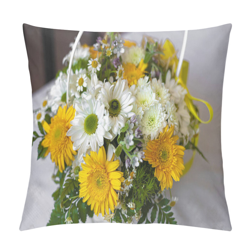 Personality  A Beautiful Bouquet Of Gerberas And Wildflowers In A White Basket. Flowers. Pillow Covers