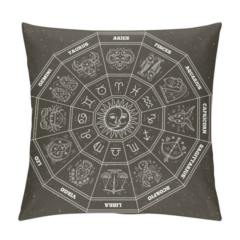 Personality  Astrology Symbols And Mystic Signs. Zodiac Circle With Horoscope Signs. Thin Line Vector Design. Pillow Covers