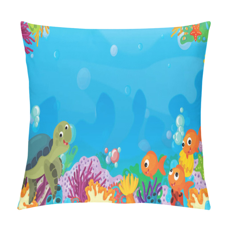 Personality  Cartoon Scene With Coral Reef With Happy And Cute Fish Swimming With Frame Space Text Turtle - Illustration For Children Pillow Covers