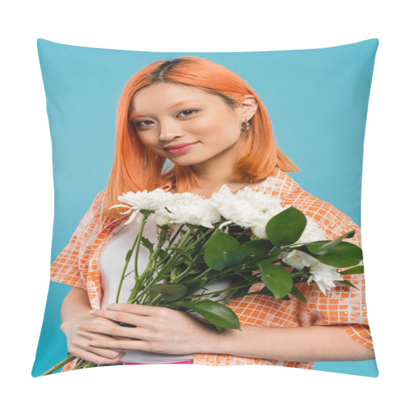 Personality  Sensuality, Cheerful Asian Woman With Red Hair Holding White Flowers On Blue Background, Casual Attire, Generation Z, Floral Bouquet, Spring Vibes, Happy Face, Generation Z, Youth Culture  Pillow Covers