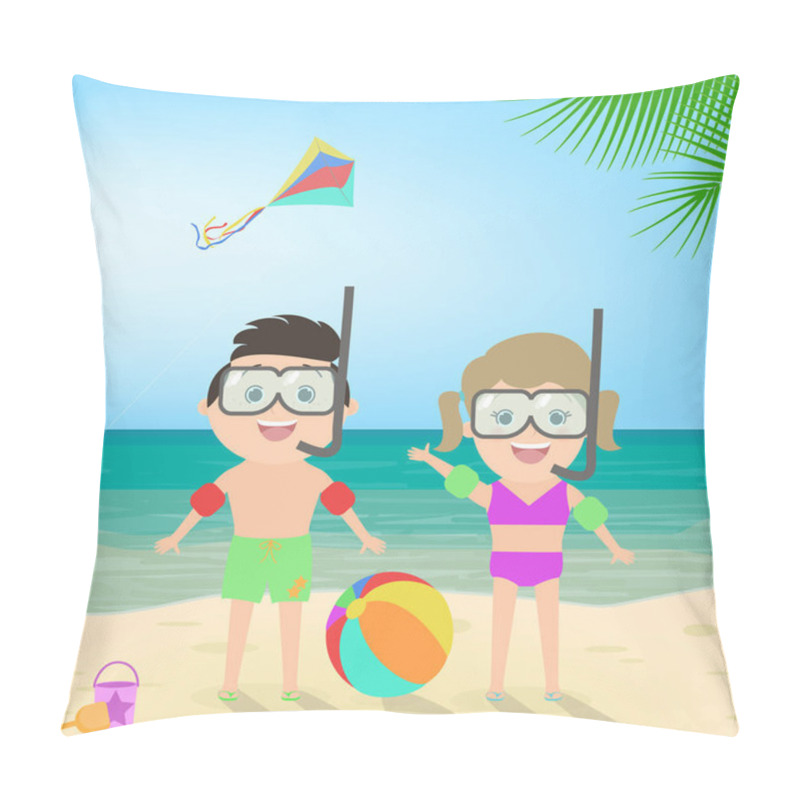 Personality  Summer Beach Holiday. Boy And Girl In Scuba Mask At The Beach. Diving. Sea Landscape, Vector Cartoon Pillow Covers