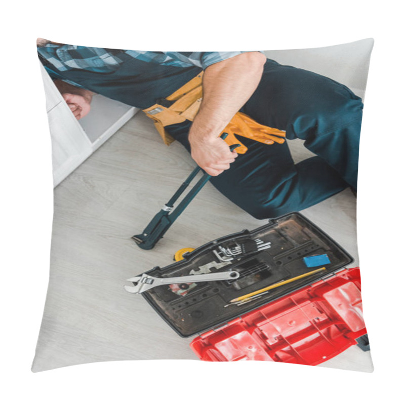 Personality  Cropped View Of Repairman Working Near Kitchen Cabinet And Toolbox With Instruments  Pillow Covers