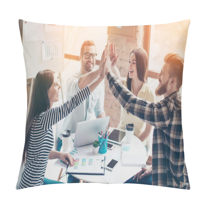 Personality  We Did It! Four Cheerful Young People Giving Highfive To Each Ot Pillow Covers