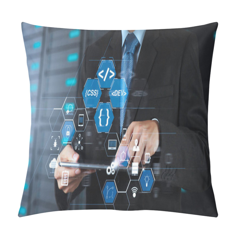 Personality  Coding Software Developer Work With Augmented Reality Dashboard Computer Icons Of Scrum Agile Development And Code Fork And Versioning With Responsive Cybersecurity.businessman Hand Using Tablet Computer. Pillow Covers