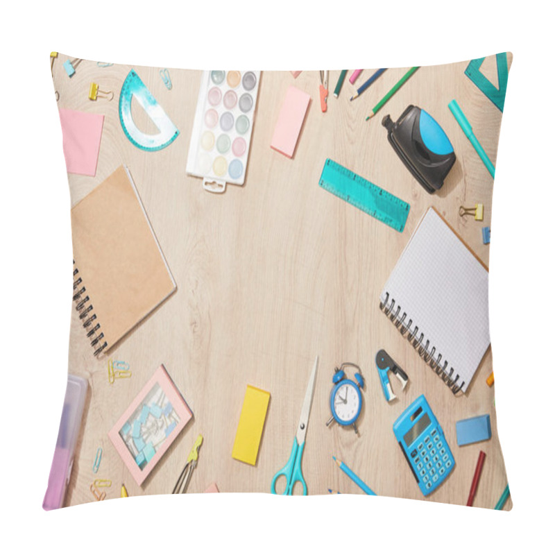 Personality  Top View Of Various School Supplies On Wooden Desk Pillow Covers