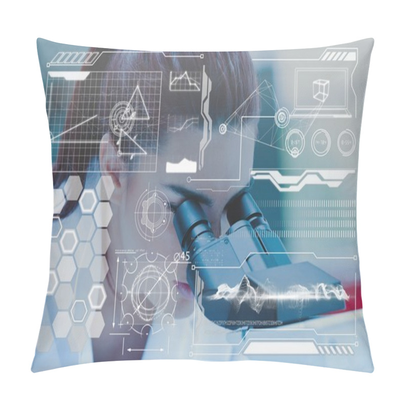 Personality  Interface Over Scientist Looking Through Microscope Pillow Covers