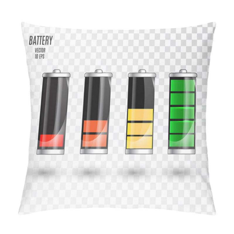 Personality  Battery Charging. Battery Charging Status Indicator. Glass Realistic Power Battery Illustration On Transparent Background. Full Charge Total Discharge. Charge Status. Vector. Pillow Covers