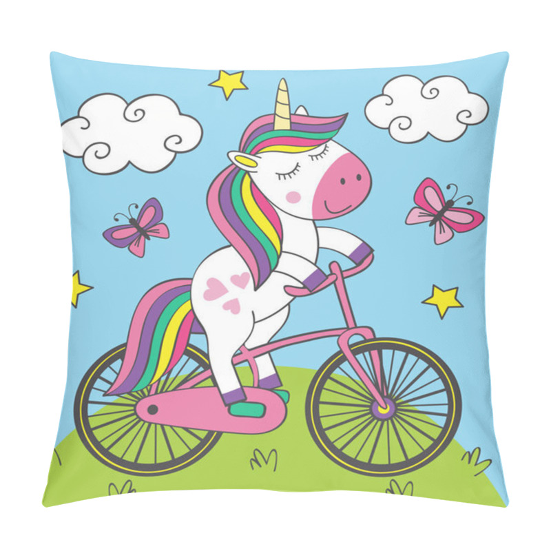 Personality  Cute Little Unicorn Rides Bicycle - Vector Illustration, Eps Pillow Covers