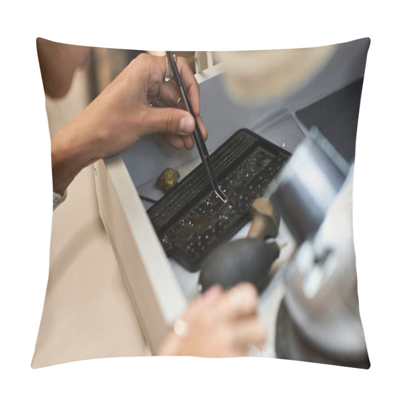 Personality  A Skilled Artisan Carefully Examines Sparkling Jewels With Precision Tools In A Bright Workspace. Pillow Covers