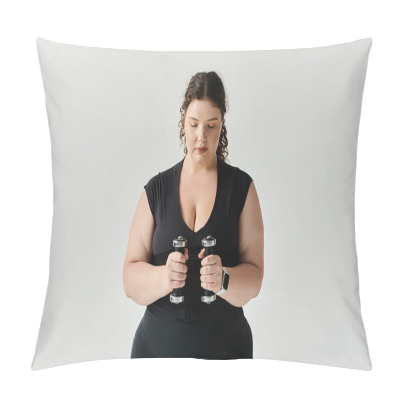 Personality  A Beautiful Plus Size Woman Concentrates On Her Workout While Holding Dumbbells Indoors. Pillow Covers