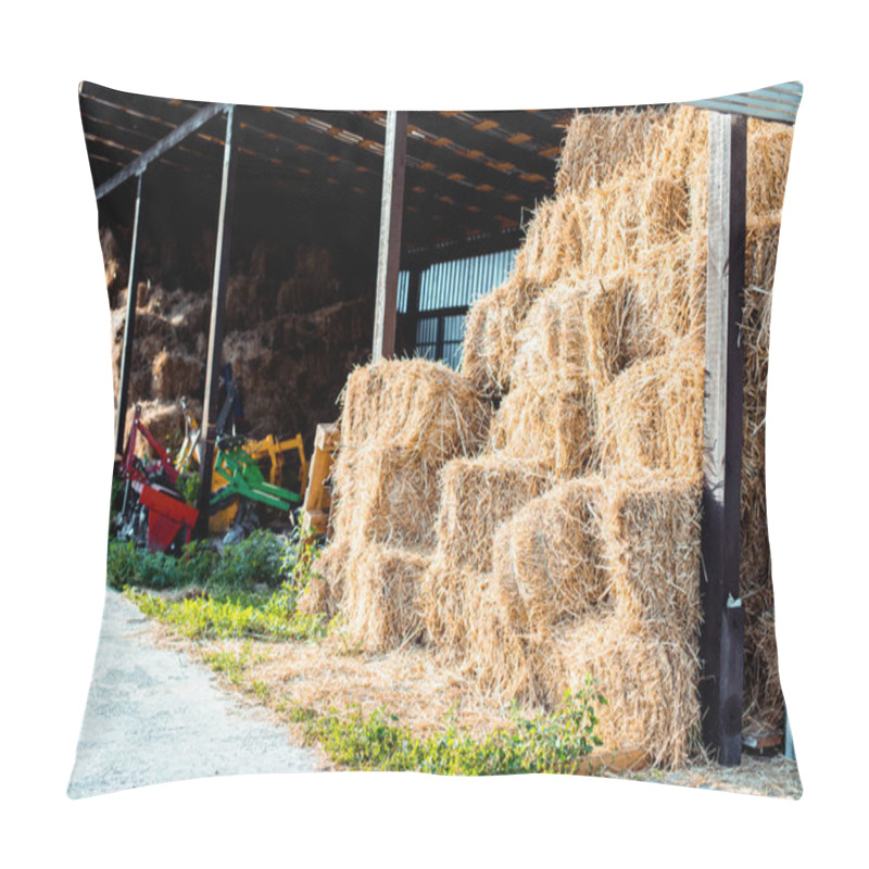 Personality  Haystacks On Green Grass Near Building In Country  Pillow Covers