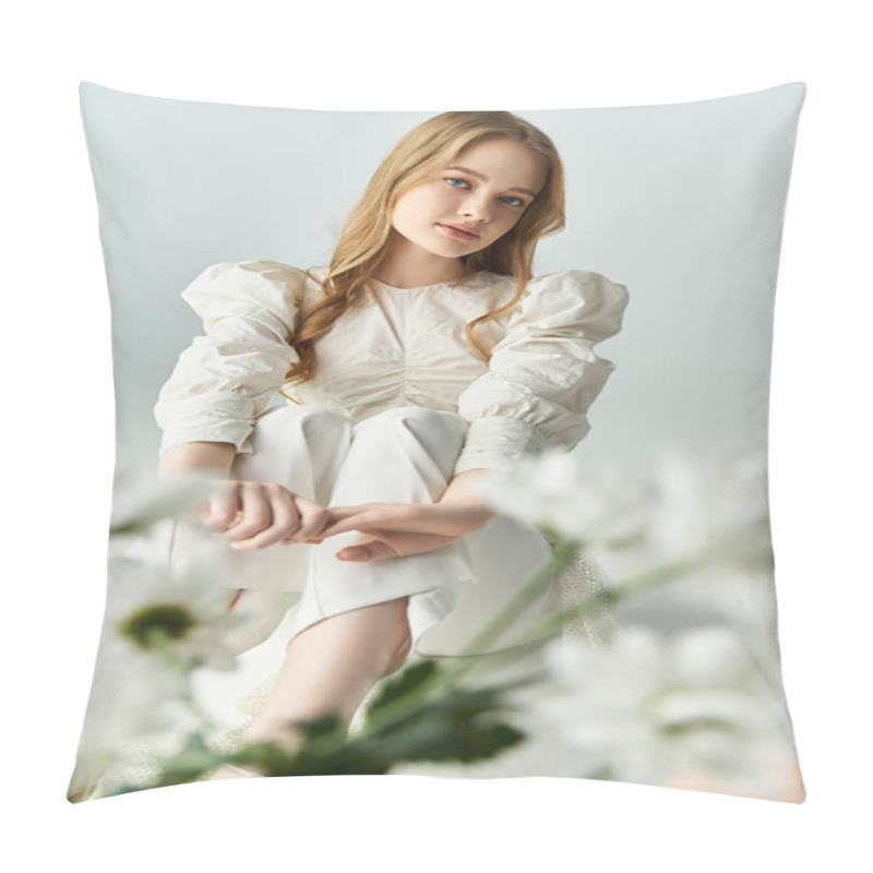 Personality  A Beautiful Young Woman Sits Gracefully With Soft Flowers Nearby. Pillow Covers