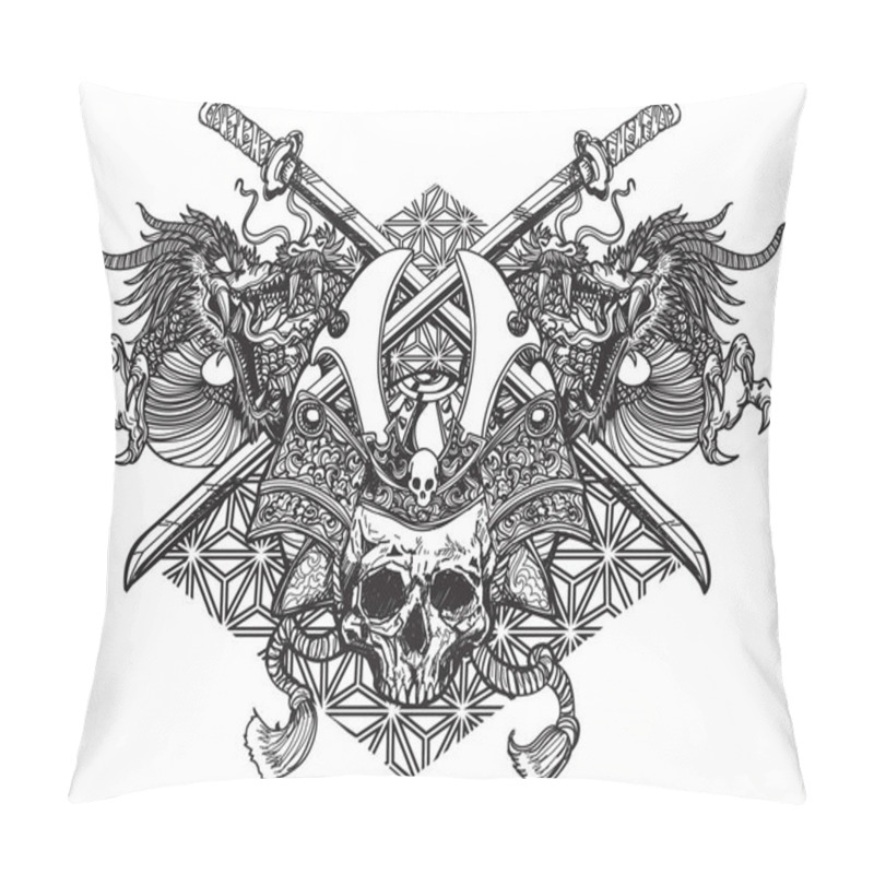 Personality  Tattoo Art Warrior Head Japanese Sword And Dragon Drawing Literature Hand Drawing Sketch Pillow Covers