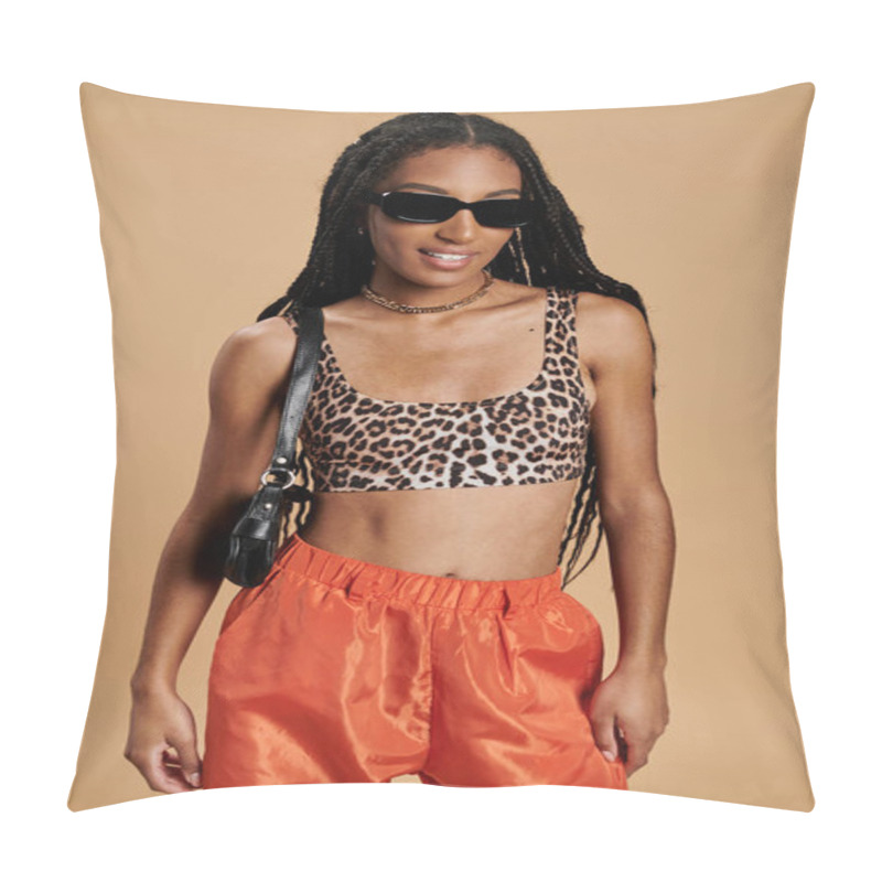 Personality  A Confident Young Woman Poses In Trendy Attire, Highlighting Her Vibrant Style And Unique Flair. Pillow Covers