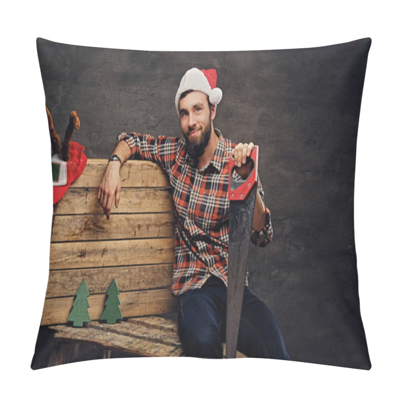 Personality  Bearded Man In Santa's Hat With Handsaw Pillow Covers