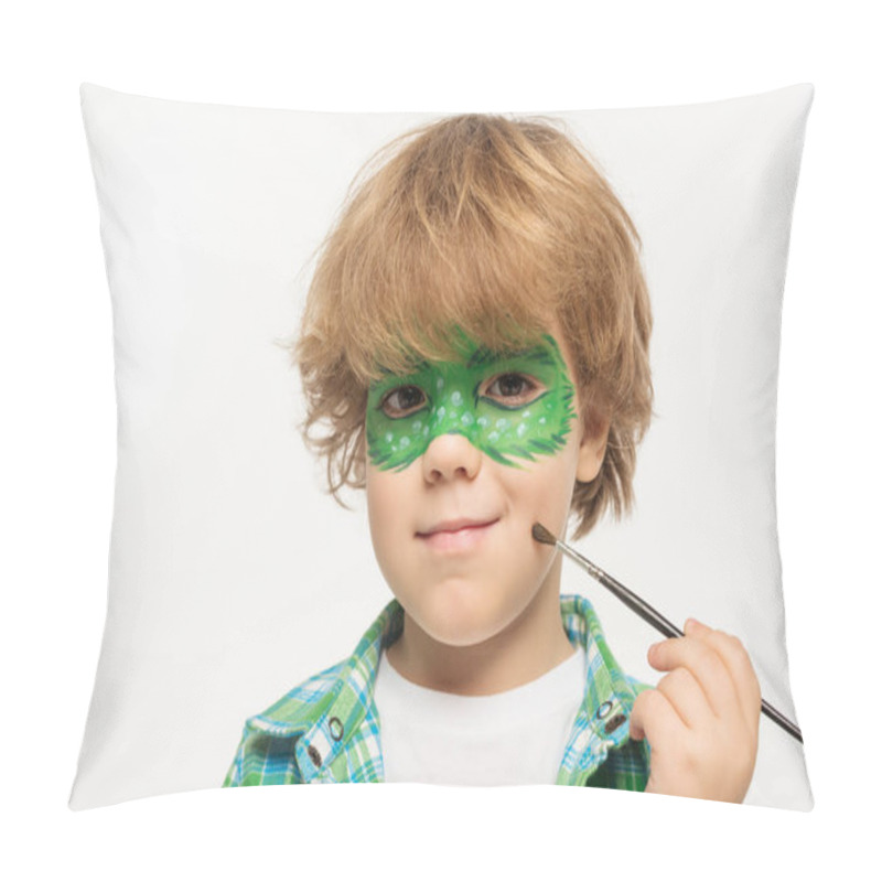 Personality  Cute Boy With Gecko Mask Painted On Face Touching Cheek With Paintbrush Isolated On White Pillow Covers