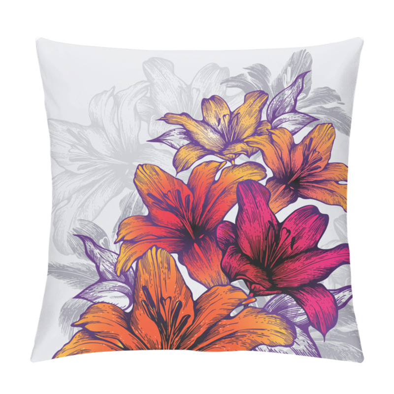 Personality  Background With Blooming Lilies, Hand-drawing. Vector Illustration. Pillow Covers